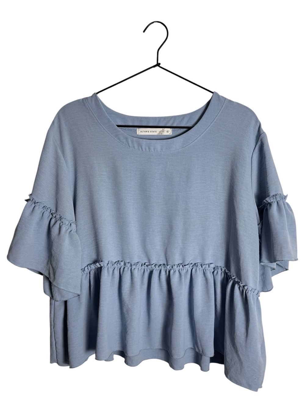 Altar'd State Dusty Blue Ruffle Sleeve Babydoll Blouse Peplum Crop Boho